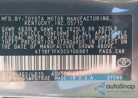 2012 Toyota Camry Se from USA, damaged, VIN 4T1BF1FK0CU106981